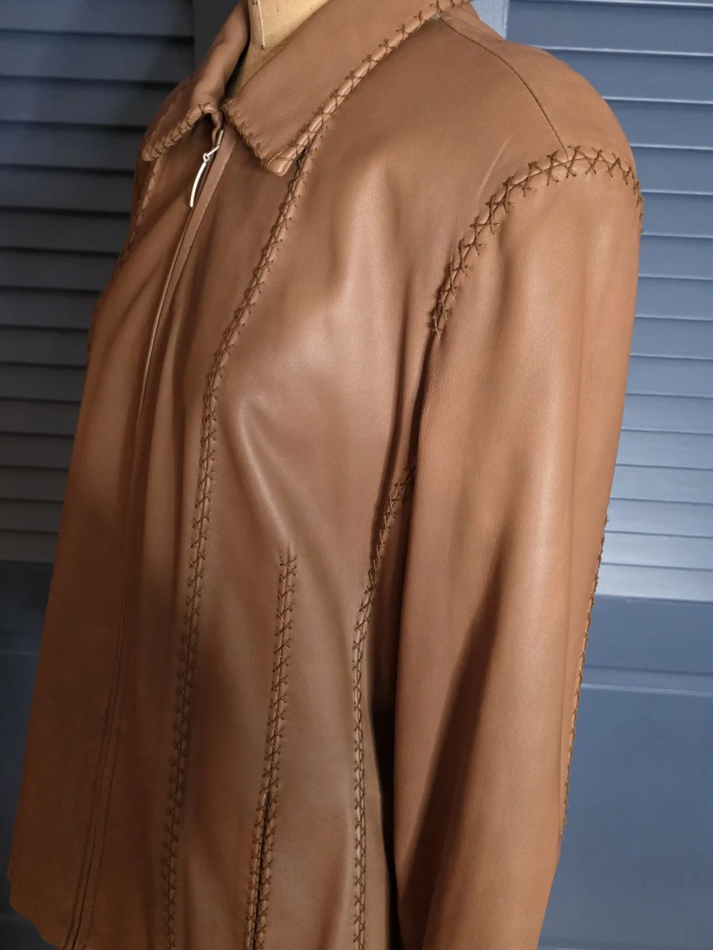 Michael Kors NWOT Cognac Tan Genuine Leather Jacket Stitch Detail